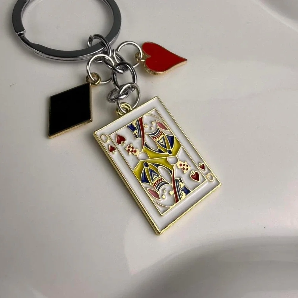 Queen Card Keychain Heart Spade Card Charm Metal Key Ring Bag Charm Accessory